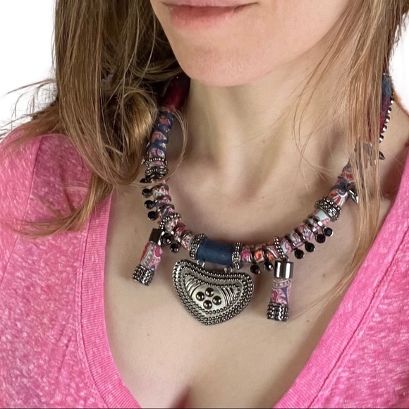 Tribal Boho Fabric, String and Metal Necklace - Picture 9 of 10